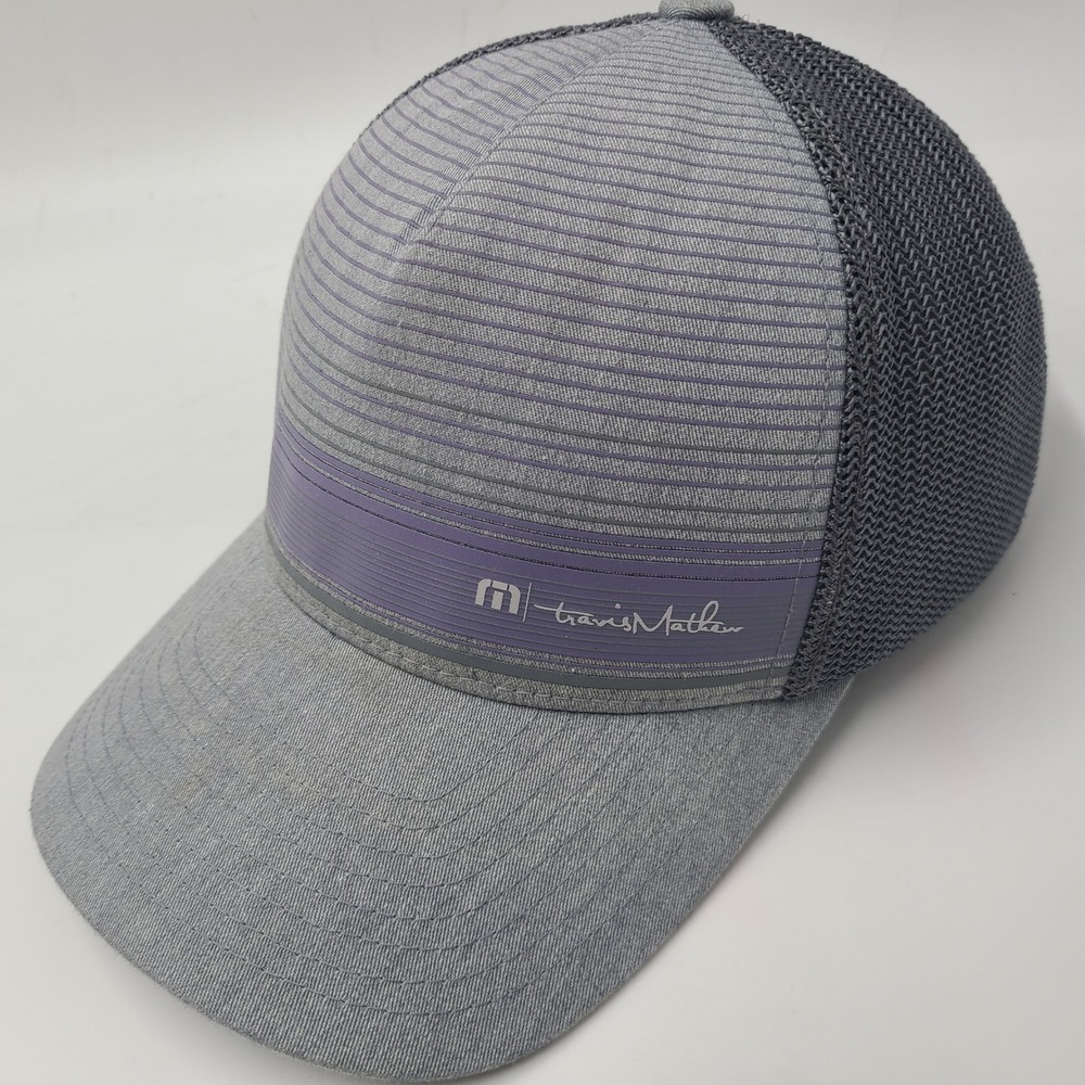 Travis Mathew Hat Fitted S-M Trucker Mesh Gray Purple Striped Golf Casual Men